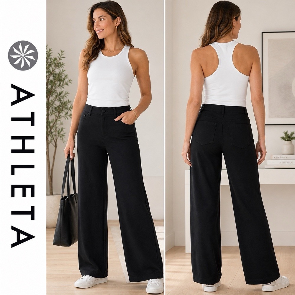 Athleta Wide Leg Pants Womens Size 4 Black Stretch Pockets Travel Work Casual
